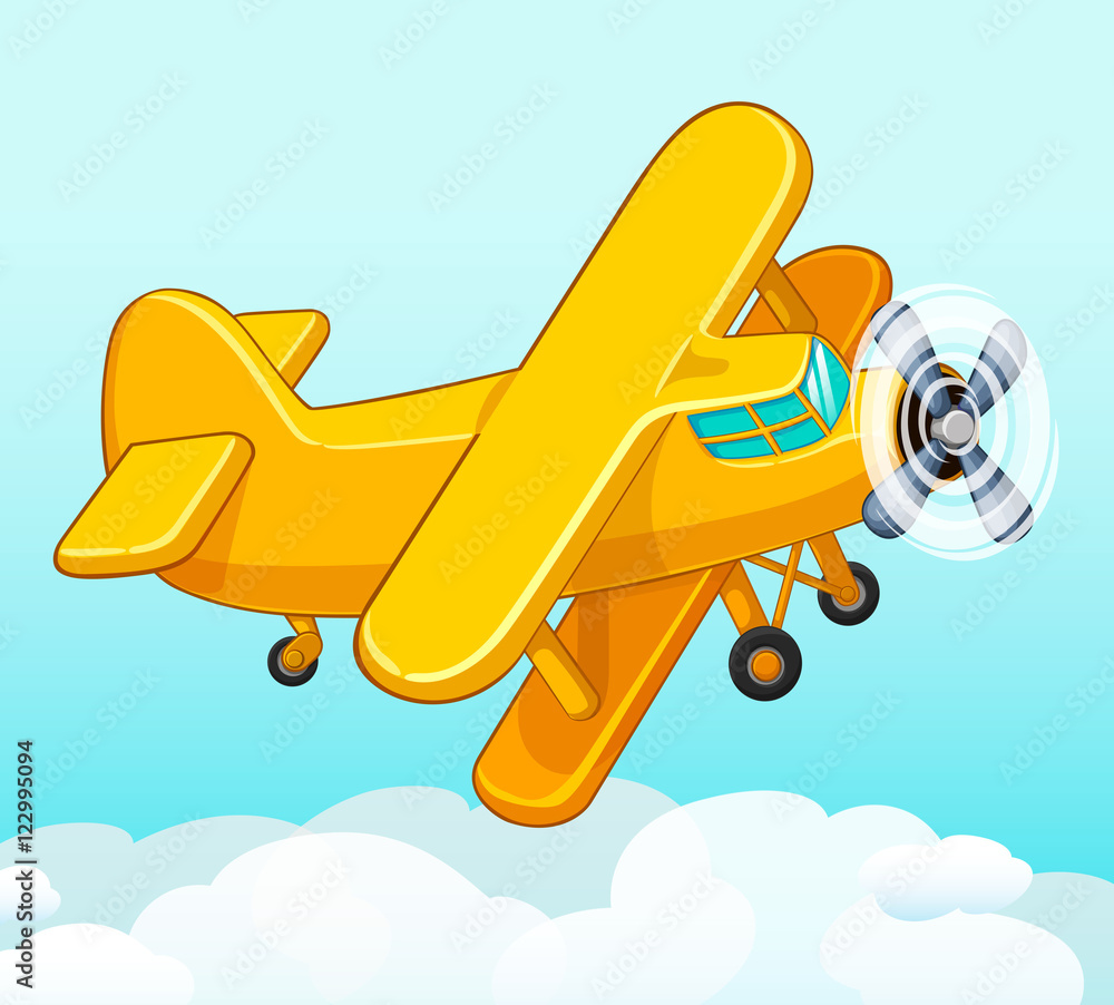 Cartoon airplane flying in the sky with clouds. Vector illustration