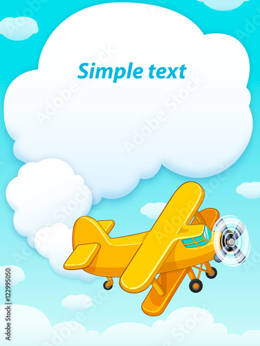 The plane flies in the blue sky with clouds. Cartoon vector illustration. Poster.