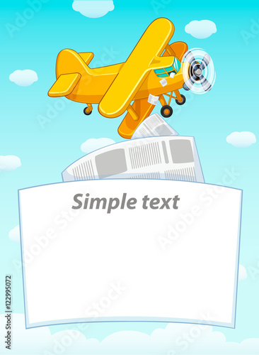 The plane flies in the blue sky with clouds. Scatter leaflets. Cartoon vector illustration. Poster.