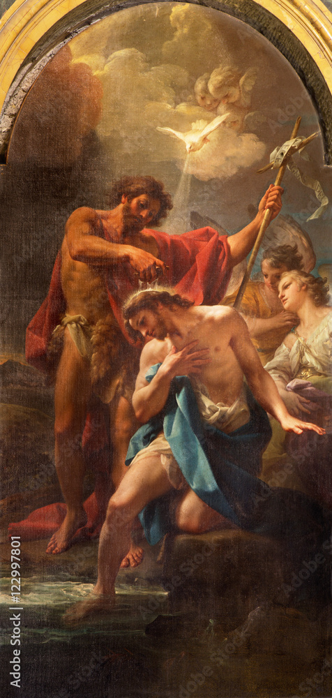 ROME, ITALY - MARCH 12, 2016: The paintin Baptism of Christ in church Chiesa di Santa Maria dell Orto by Corado Giaquinto (1750).