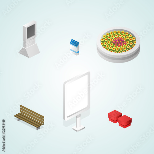 Set of the isometric decoration elements, elements shopping mall (flowerbed, urn, billboard, chair, bench). Vector illustration.