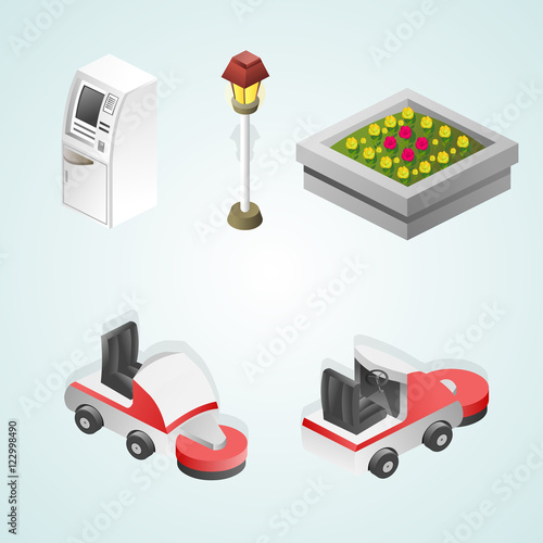 Set of the isometric decoration elements, elements shopping mall (ATM, lamppost, flowerbed, cleaning machine). Vector illustration.