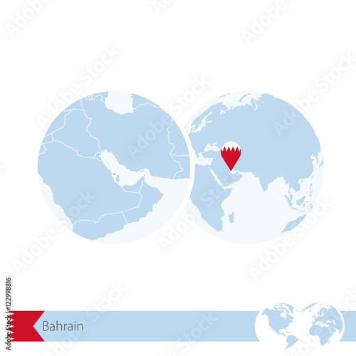 Bahrain on world globe with flag and regional map of Bahrain.