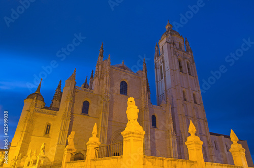 SEGOVIA, SPAIN, APRIL - 14, 2016: The Cathedral Nuestra Senora de la Asuncion y de San Frutos de Segovia at dusk.