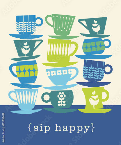colorful retro illustration with stacks of tea cups for poster, invitation, greeting cards 