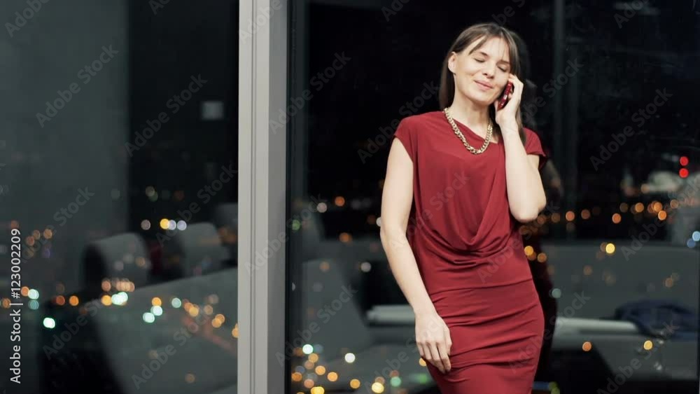 Young, elegant woman talking on cellphone standing by window at home at night
Young, elegant woman talking on cellphone standing by window at home at night
