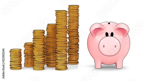 Piggy bank and growing stacks of coins in cel shading style - 3D illustration