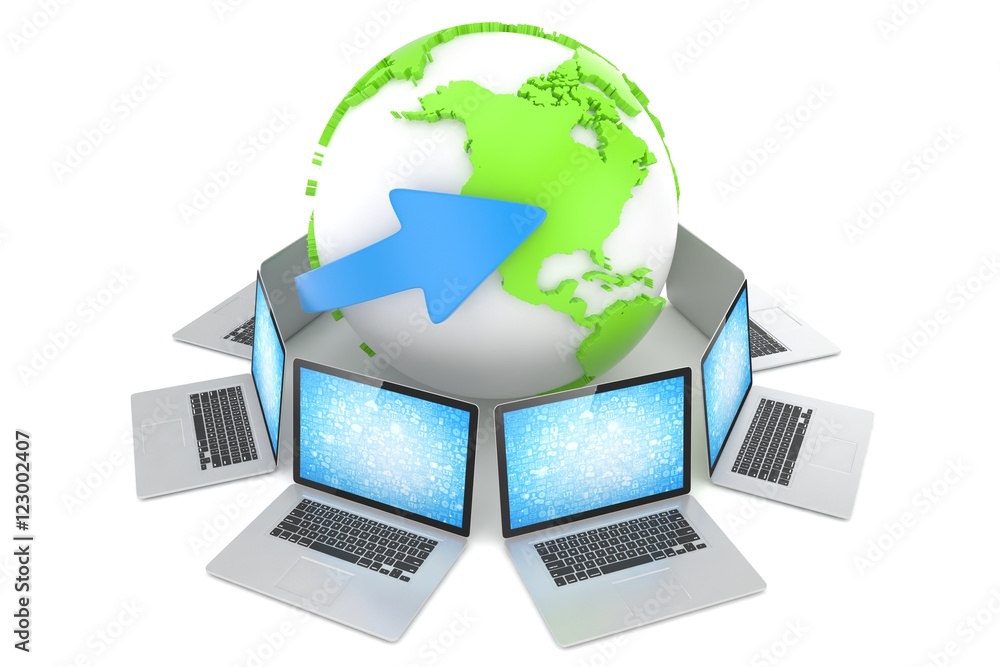 Laptop network around earth globe. 3d render Laptop network around earth globe. 3d render