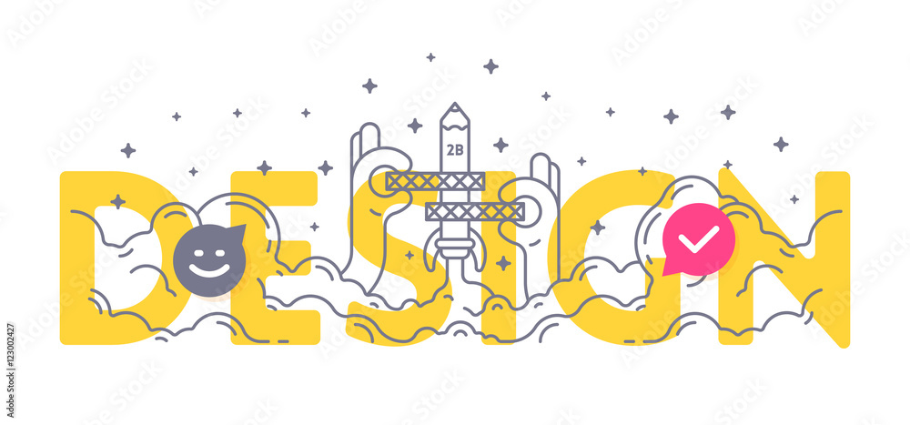 Fototapeta premium Design word concept. Business lettering typography for web design, design development, art research and education course. Flat outline thin line icon vector illustration.