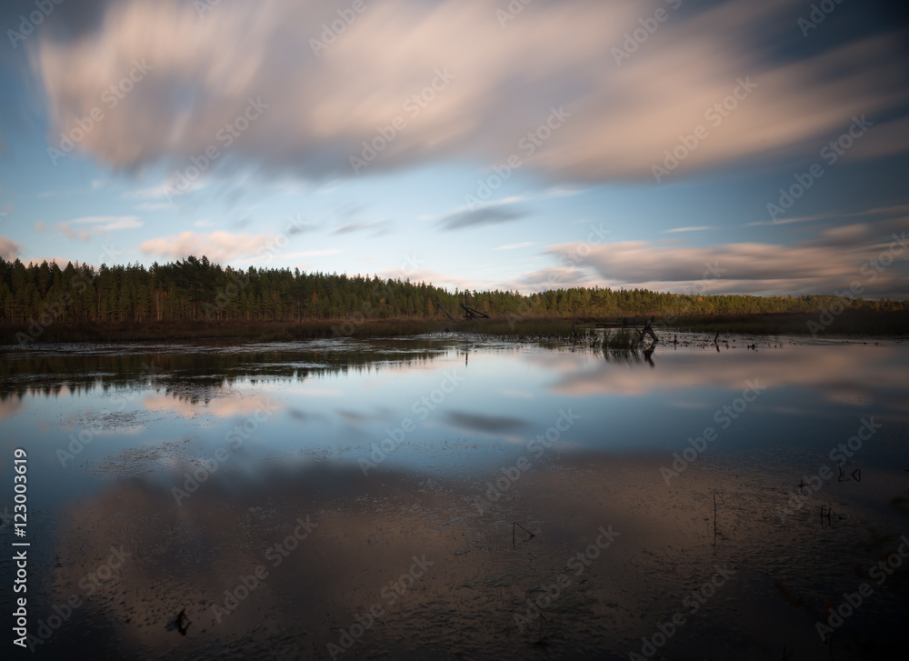 Lake in sweden photographed with long exposure, cloud reflections in the water 