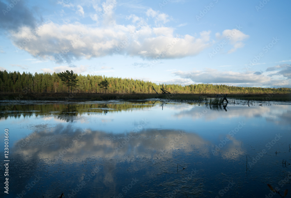 Lake in sweden, cloud reflections in the water Lake in sweden, cloud reflections in the water