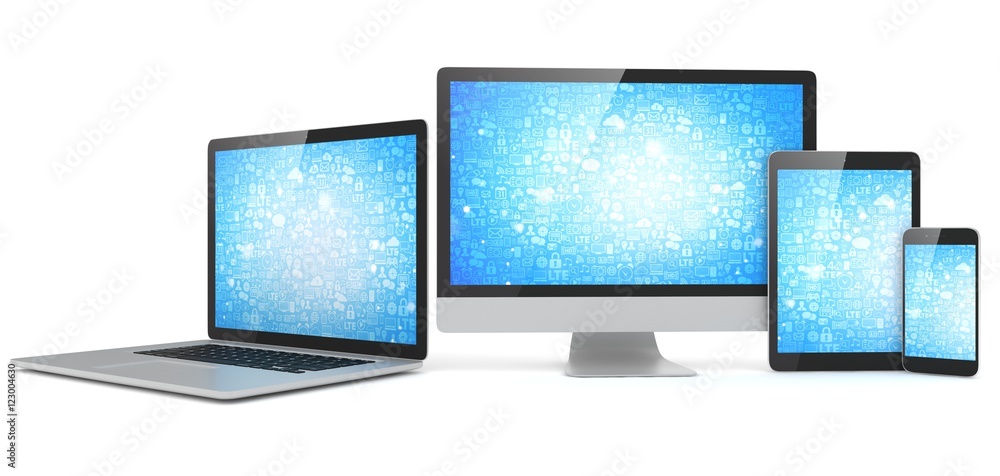Responsive web design, laptop, smartphone, tablet, computer, display. 3d rendering. Responsive web design, laptop, smartphone, tablet, computer, display. 3d rendering.