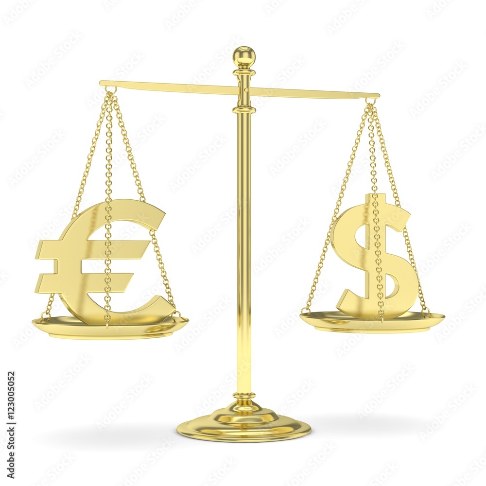 Isolated golden scales with dollar and euro currency. American and european finance. Measuring of market stability. 3D rendering. Isolated golden scales with dollar and euro currency. American and european finance. Measuring of market stability. 3D rendering.
