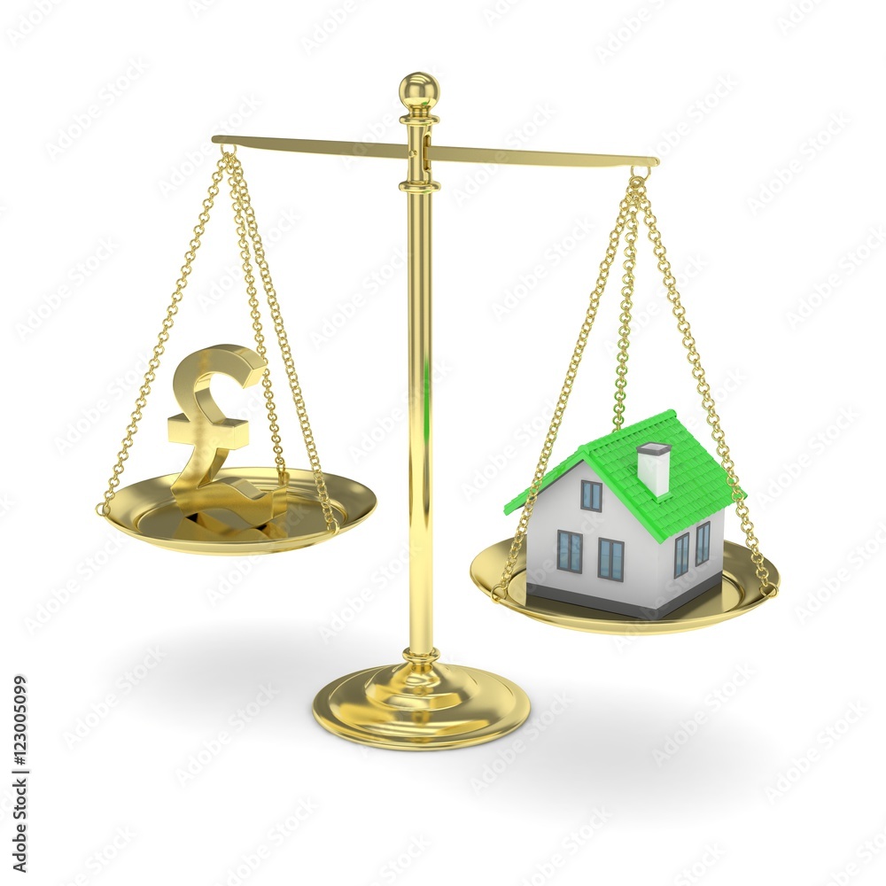 Isolated golden scales with golden pound and house on white background. Investment or savings concept. Real estate and currency. 3D rendering. Isolated golden scales with golden pound and house on white background. Investment or savings concept. Real estate and currency. 3D rendering.