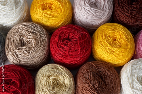 Balls of wool cotton silk yarn set top view