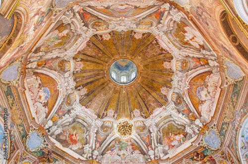 BRESCIA, ITALY - MAY 21, 2016: The fresco of cupola with the symbols of cardinal virtues in Chiesa di Santa Maria della Carita by Ferdinando Cairo and Luigi Vernazal from 18. cent.