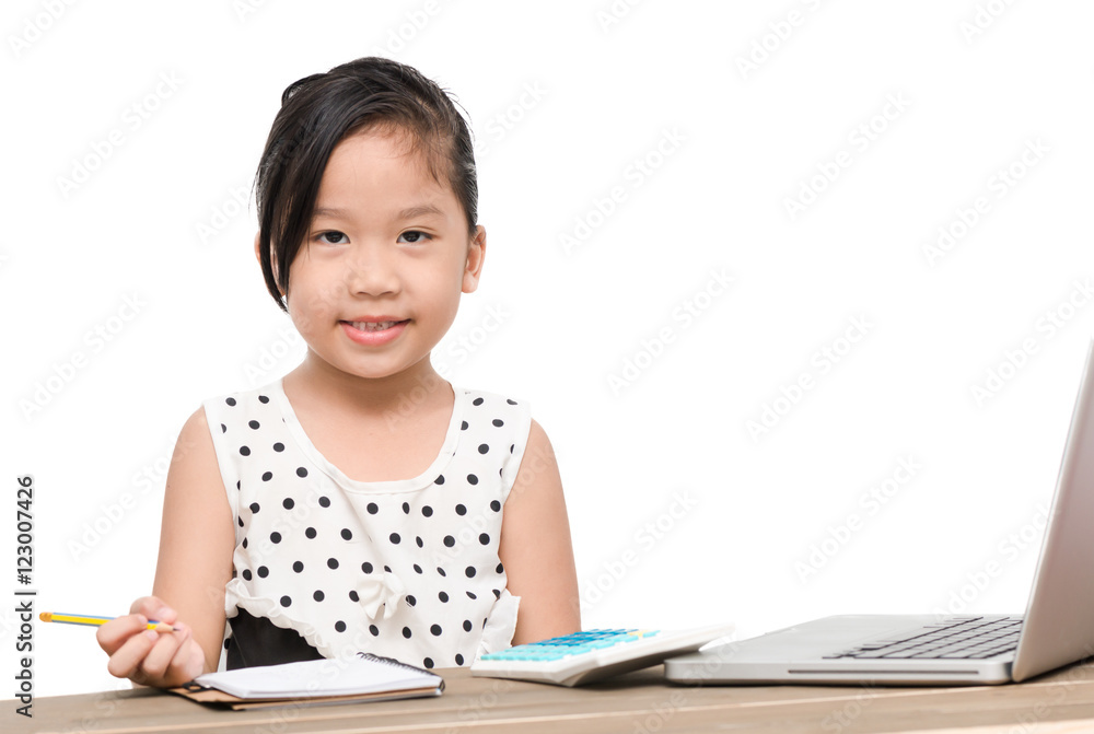 cute student girl writing homework with laptop computer cute student girl writing homework with laptop computer