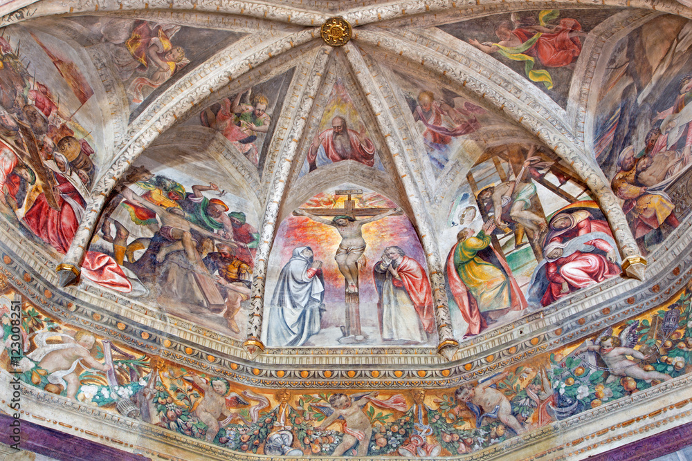 BRESCIA, ITALY - MAY 21, 2016: The frescoes with the Crucifixion central motive in main apse of church Chiesa del Santissimo Corpo di Cristo by Jesuit Benedetto da Marone (1550- 1565.