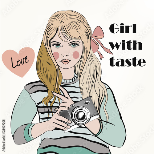 Fashion vector background with trendy hipster girl