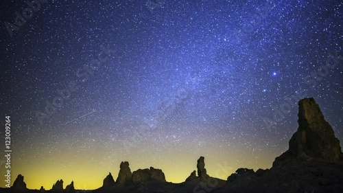 Astrophotography time lapse with pan right motion of milky way galaxy over tufa formation at Trona Pinnacles, California