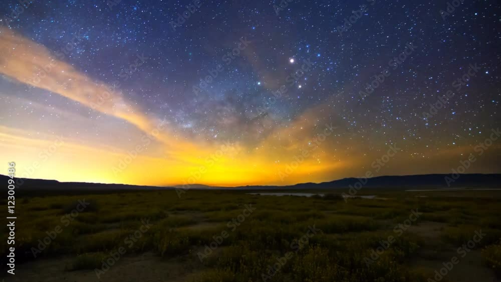 Astrophotography time lapse with tilt up motion of Milky Way galaxy rising over Desert Gold wildflower super bloom 2016 in Carrizo Plain National Monument, California Astrophotography time lapse with tilt up motion of Milky Way galaxy rising over Desert Gold wildflower super bloom 2016 in Carrizo Plain National Monument, California