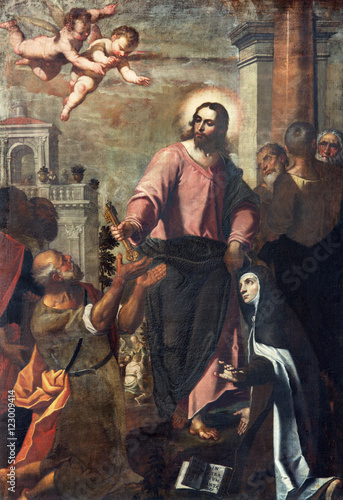 Tablou pe pânză BRESCIA, ITALY - MAY 22, 2016: The painting Jesus consigning the keys to Peter and St