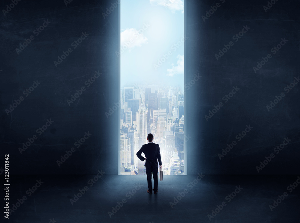 businessman in front of the huge gate businessman in front of the huge gate
