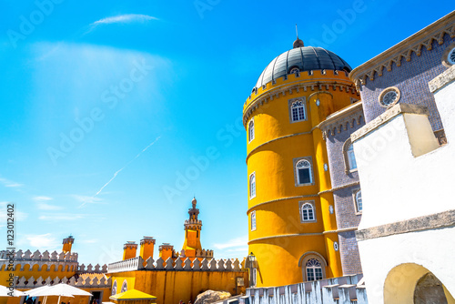 The Pena National Palace is a Romanticist palace in Sao Pedro de Penaferrim, Sintra, Portugal