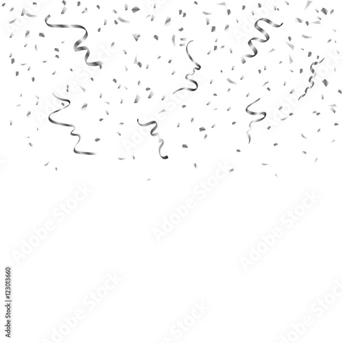 Silver confetti celebration, isolated on white background. Falling abstract decoration for party, birthday celebrate, anniversary or event, festive. Festival decor. Vector illustration