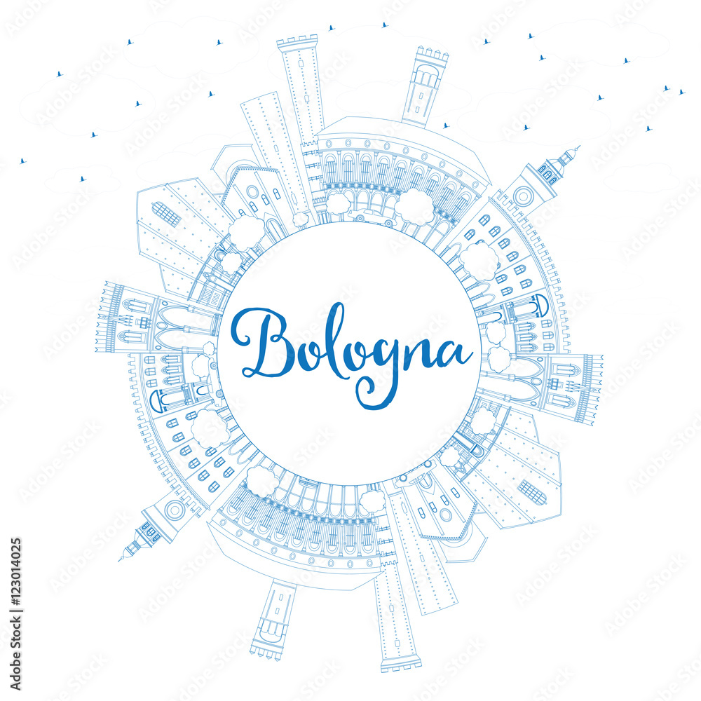 Outline Bologna Skyline with Blue Landmarks and Copy Space.