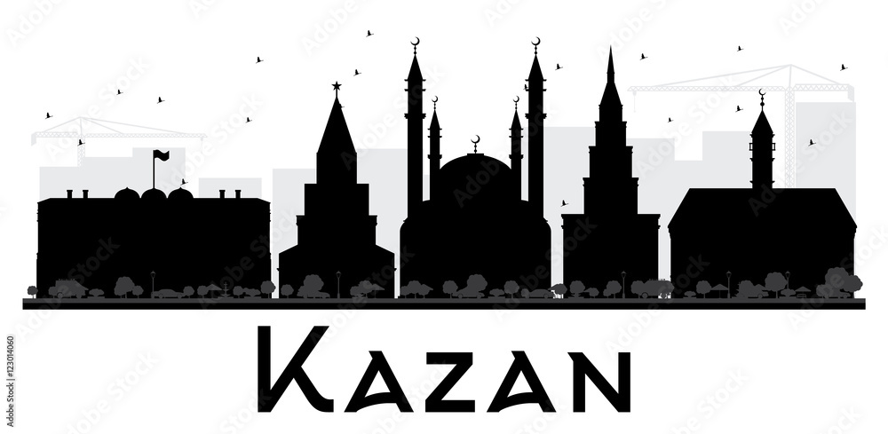 Kazan City skyline black and white silhouette.