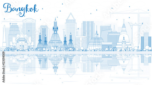 Outline Bangkok Skyline with Blue Landmarks and Reflections.