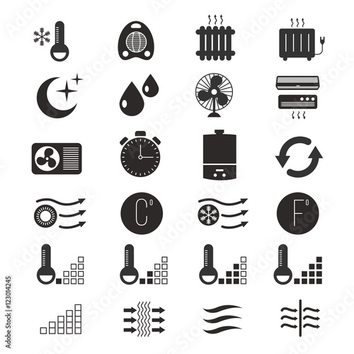 Heating and cooling, air conditioning system vector icons