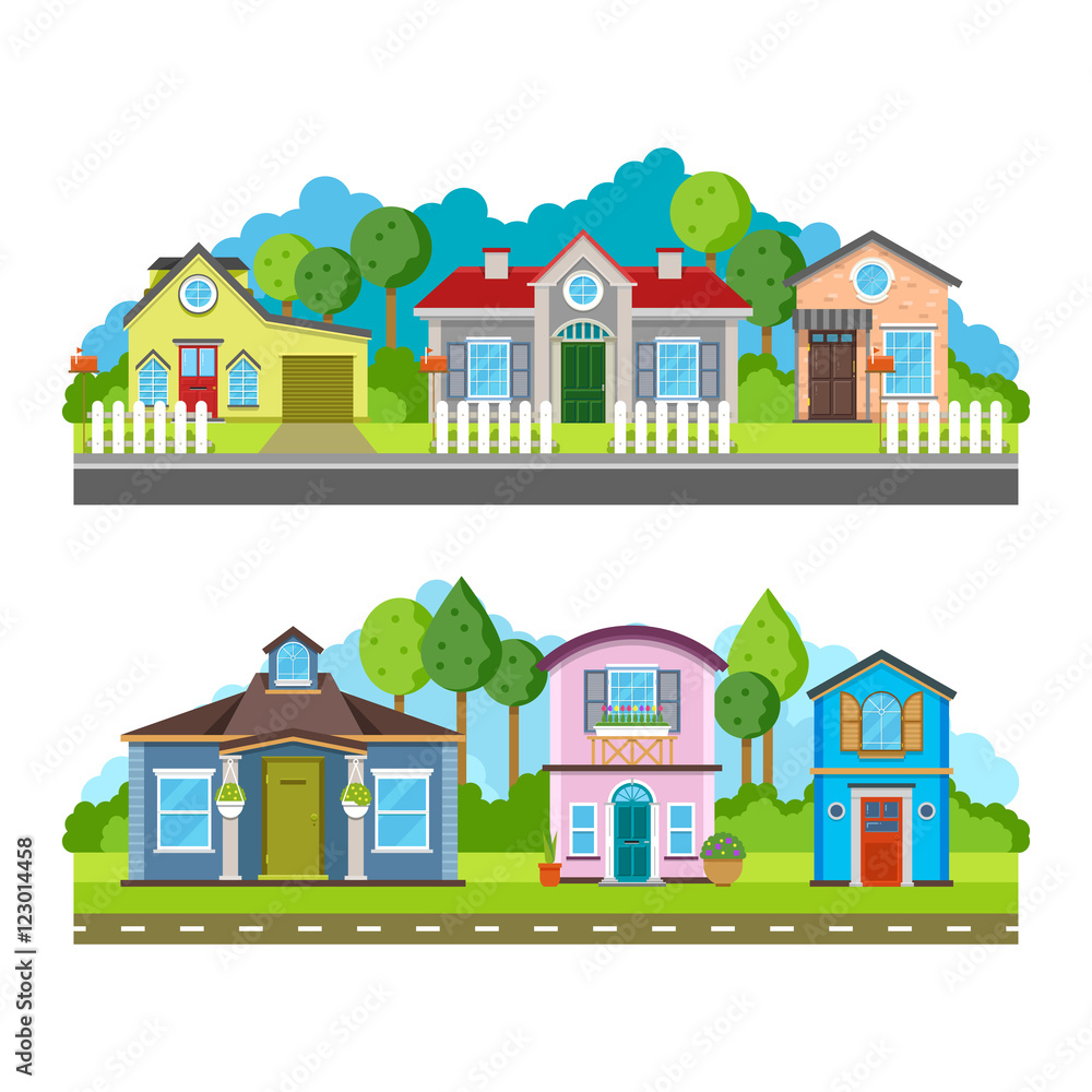 Residential village houses flat vector illustration, urban landscape