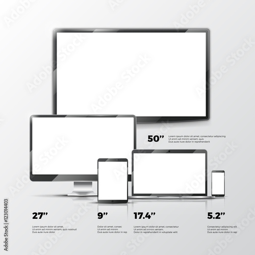 Blank TV screen, lcd monitor, notebook, tablet computer, smartphone mockups isolated on white background