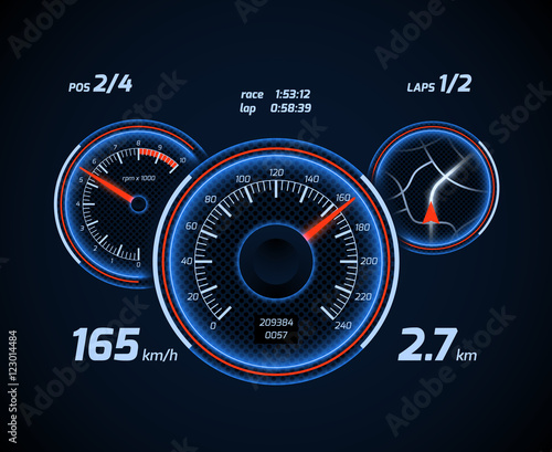 Racing car computer and app smartphone game dashboard vector interface