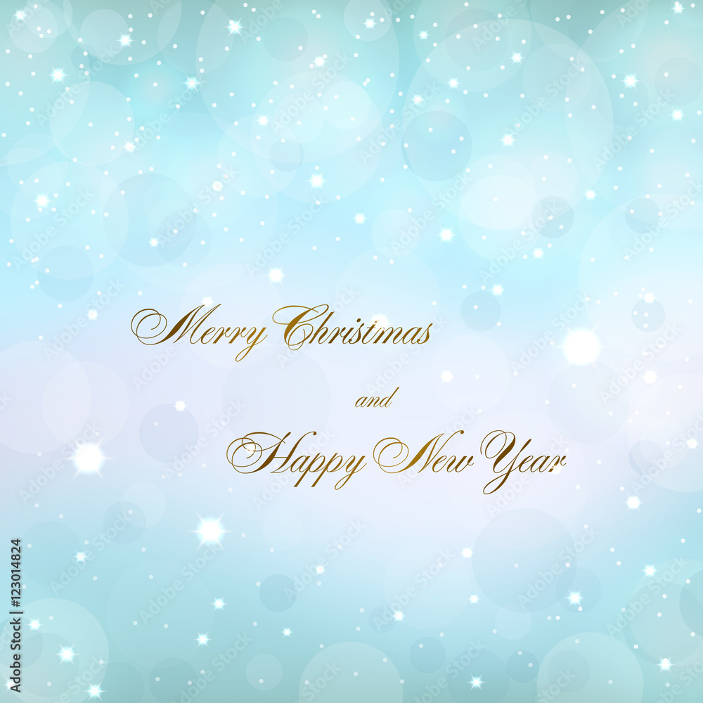 Merry Christmas blue decoration background with text. Stars, glitter and white winter snowflakes. Bright xmas card. Happy New Year celebration abstract pattern. Holiday design. Vector illustration