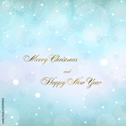 Merry Christmas blue decoration background with text. Stars, glitter and white winter snowflakes. Bright xmas card. Happy New Year celebration abstract pattern. Holiday design. Vector illustration