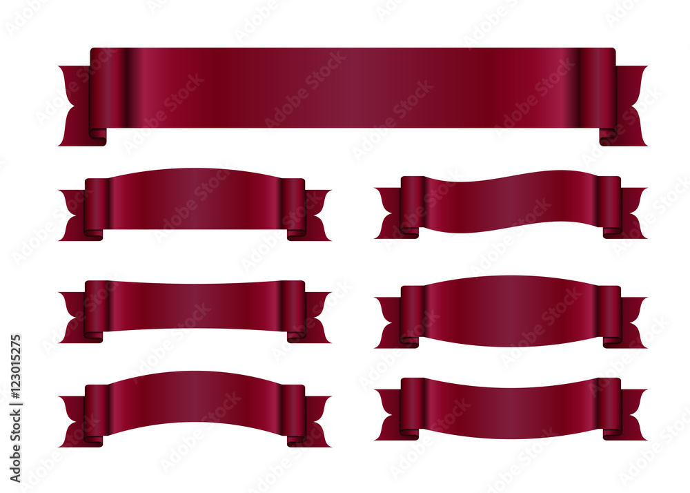 Red ribbons set. Satin blank banners collection. Design label scroll blanks element, isolated on white background. Empty template for greeting or advertising. Symbols decoration. Vector illustration. Red ribbons set. Satin blank banners collection. Design label scroll blanks element, isolated on white background. Empty template for greeting or advertising. Symbols decoration. Vector illustration.