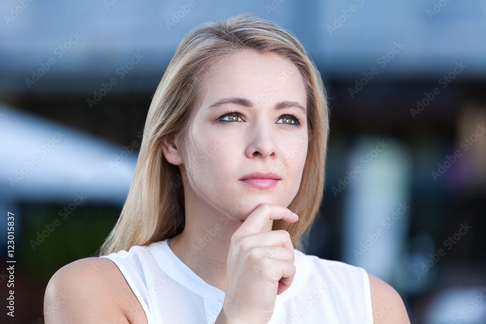 business woman thinking about something looking to copy space business woman thinking about something looking to copy space