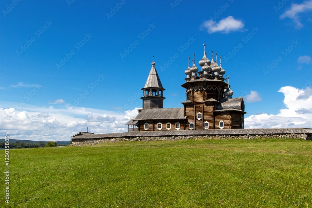 Ancient wooden religious architecture. Summer landscape. Kizhi Island, Russia