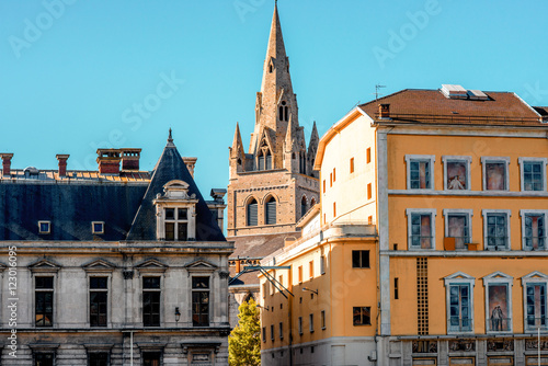 View on the buildings with church tower in Grenoble city on the south-east of France
