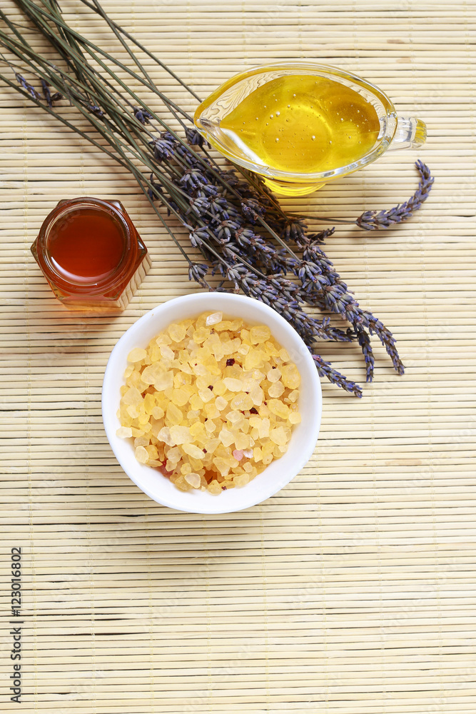 Spa cosmetics with honey and lavender. Spa cosmetics with honey and lavender.