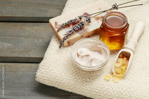 Spa cosmetics with honey and lavender.