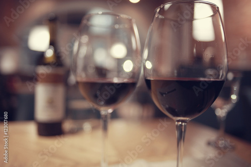 glass of red wine in restaurant interior