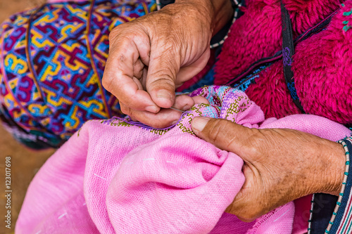 Mien hilltribe embroider pattern colored thread.