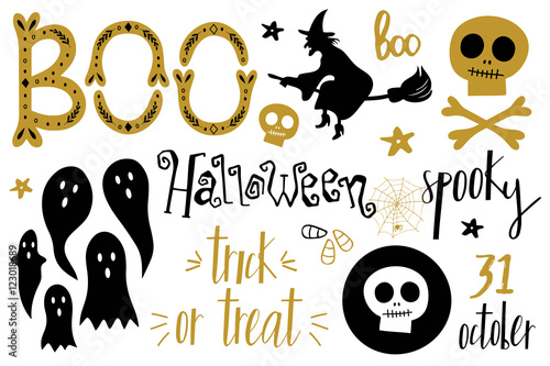 Halloween set with witch, ghost, lettering and other.