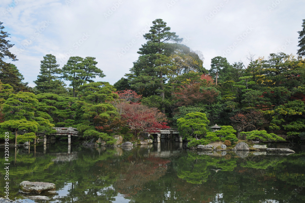 Peaceful Japanese zen garden and pond in Autumn
