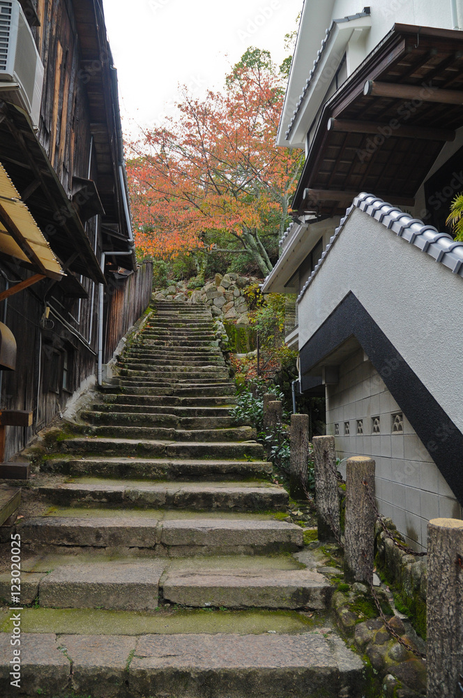 Quiet steps in old Mijayima village uphill in Hiroshima Japan Quiet steps in old Mijayima village uphill in Hiroshima Japan