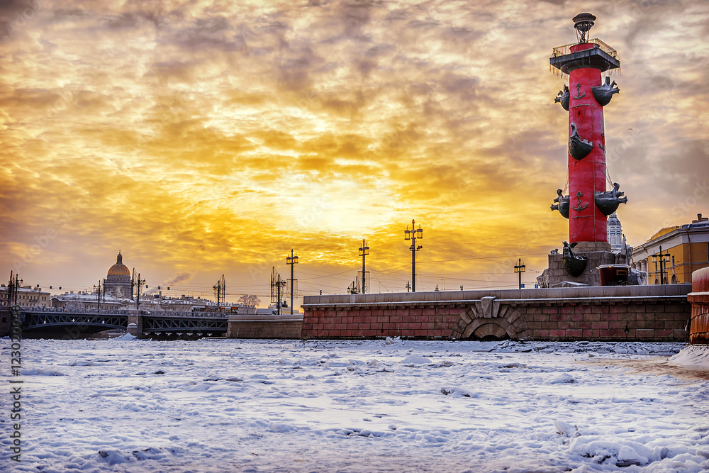 winter sunset over the palace bridge in St. Petersburg